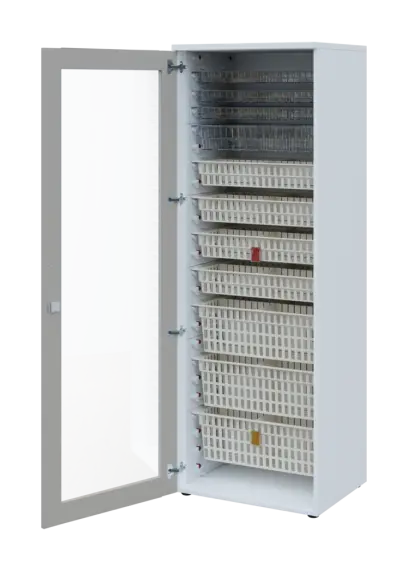 EUROMEDICA S - 66 skříň léková boxová, 1-dveřová/prosklená, levá, 1950x660x535, korpus bílý, dvířka šedá